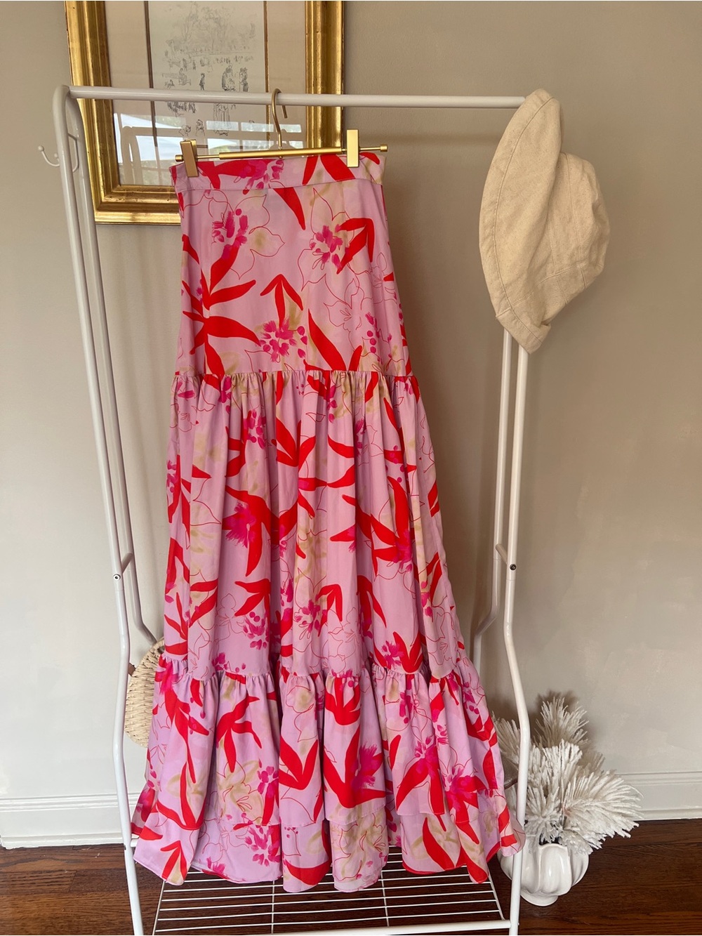 Tiered Floral Maxi Skirt in Pink and Red